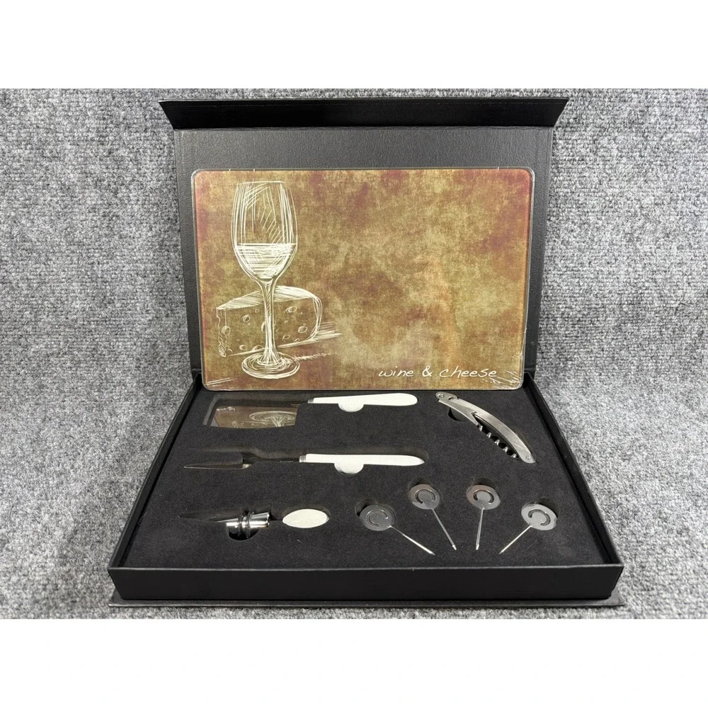 9 Piece Wine and Cheese Serving Set Stainless Steel Tools Glass Cutting Board